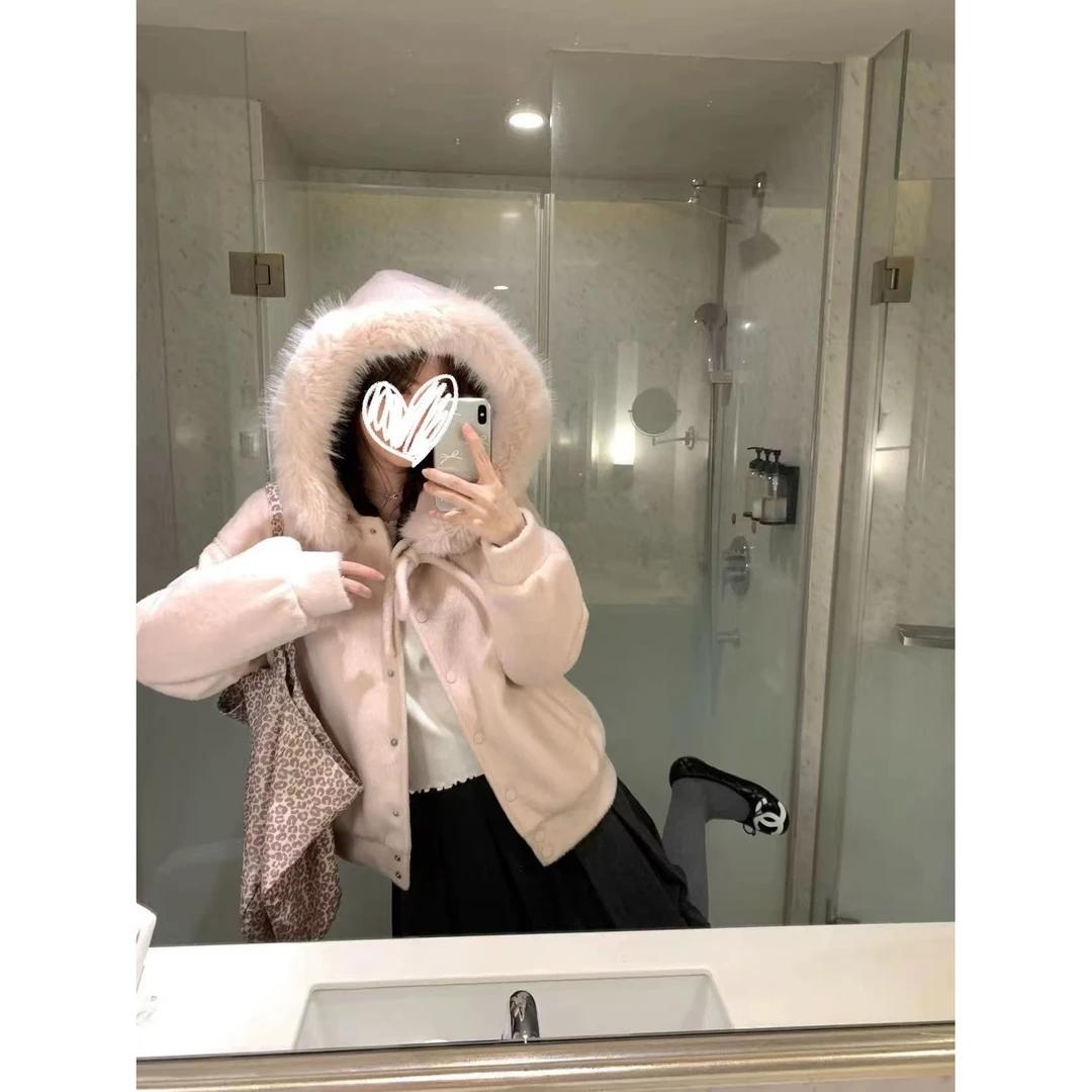 女加绒短外套单排扣斗篷冬季厚款连帽开衫外套保暖