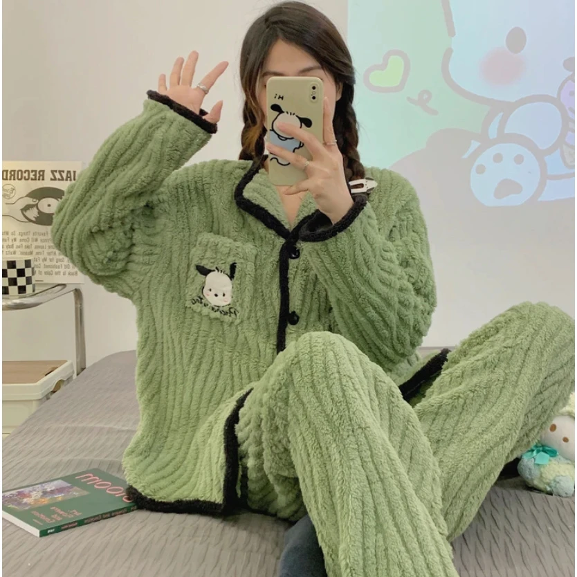 【704】珊瑚绒睡衣女冬季加厚加绒法兰绒卡通帕恰狗开衫家居服套装