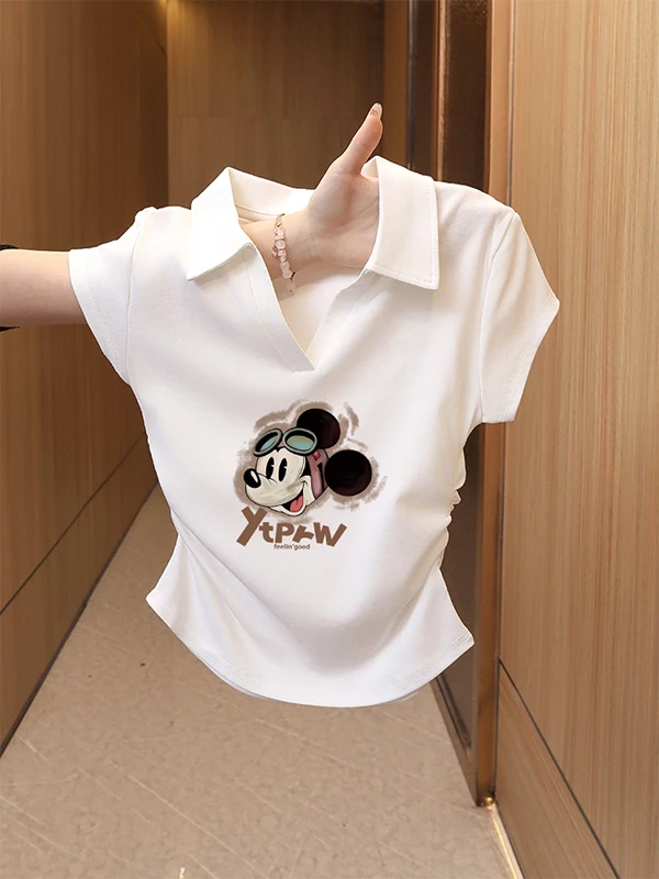 2025年夏季新款设计感褶皱短袖T恤女时尚polo领短款百搭体恤上衣