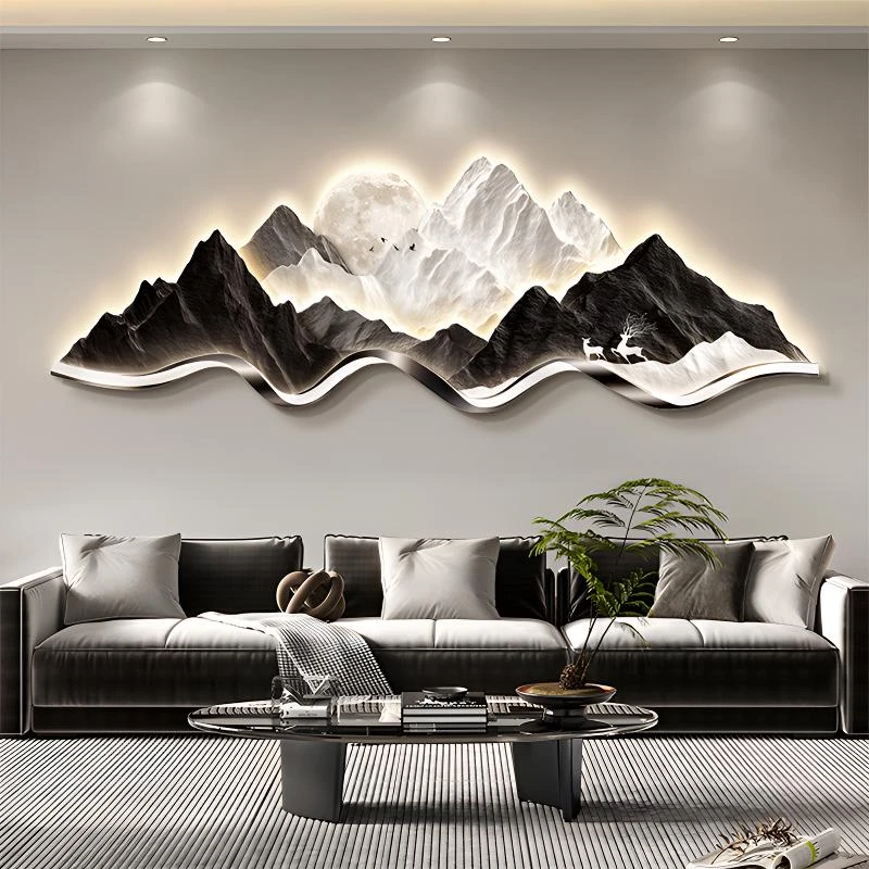 轻奢高级感客厅装饰画背有靠山大气山水画沙发背景墙挂画立体浮雕