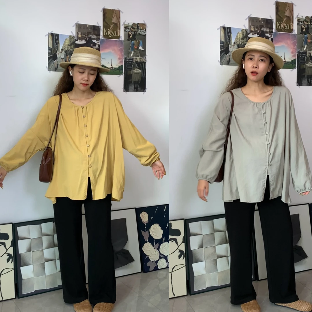 穿到220斤孕妇装春秋装新圆领宽松文艺百搭衬衣休闲时尚长袖上衣