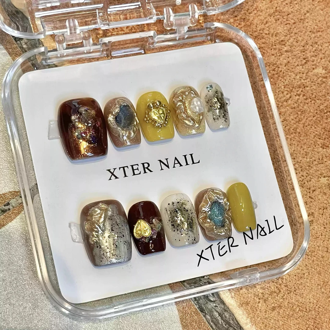 秋冬复古老钱风琥珀重工款穿戴美甲成品显白假指甲贴片短款