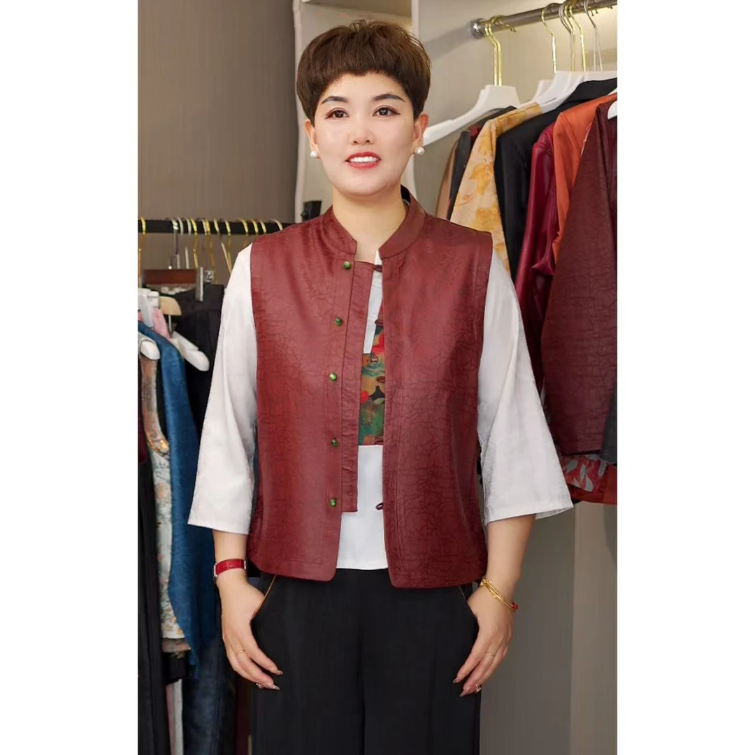 202500020春秋款双面老料中国风立领马甲中式复古马夹红色