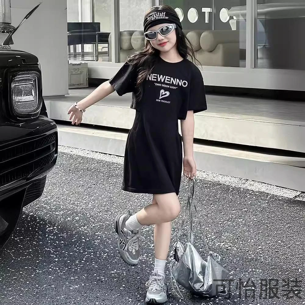 女童连衣裙夏季2025新款女孩韩系短袖T恤裙女大童夏款收腰公主裙