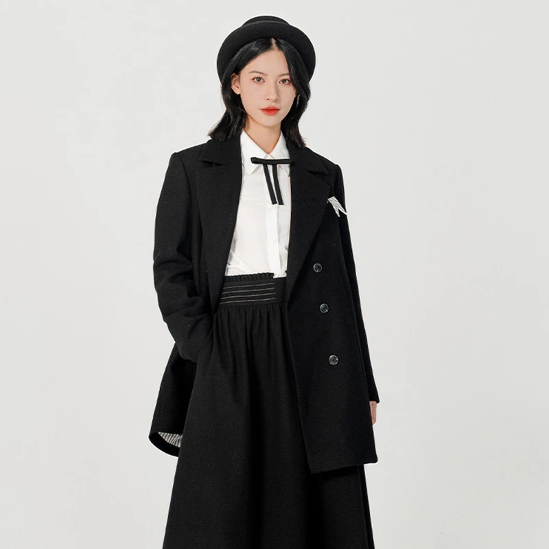 D-HARRY/迪哈利复古廓形深黑色西装上衣女单排扣外套DH231A95862D