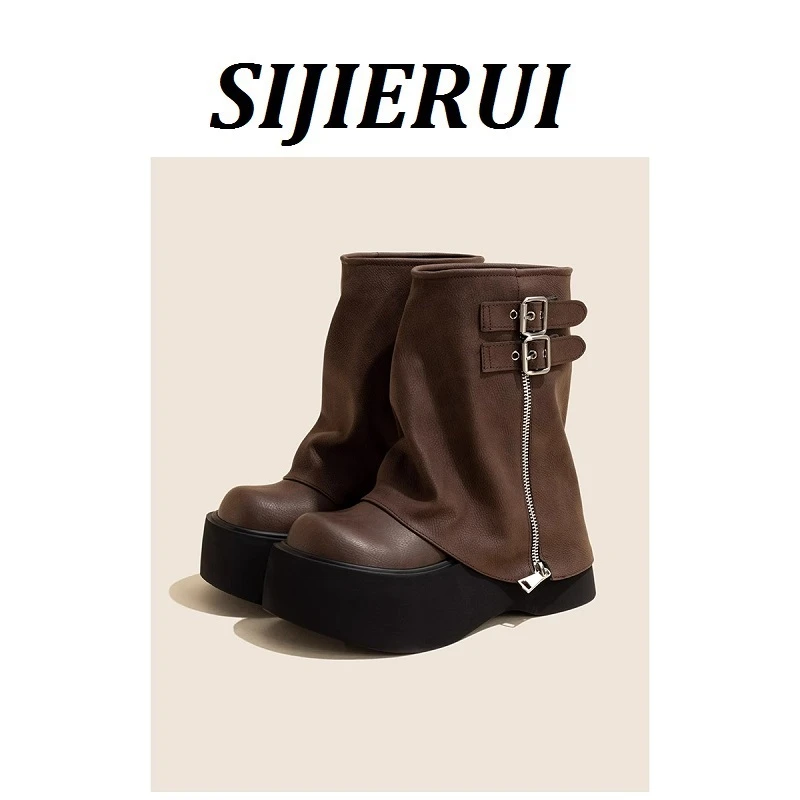 SIJIERUI厚底增高短靴女2025年秋季新款小个子裤管靴时尚马丁靴女