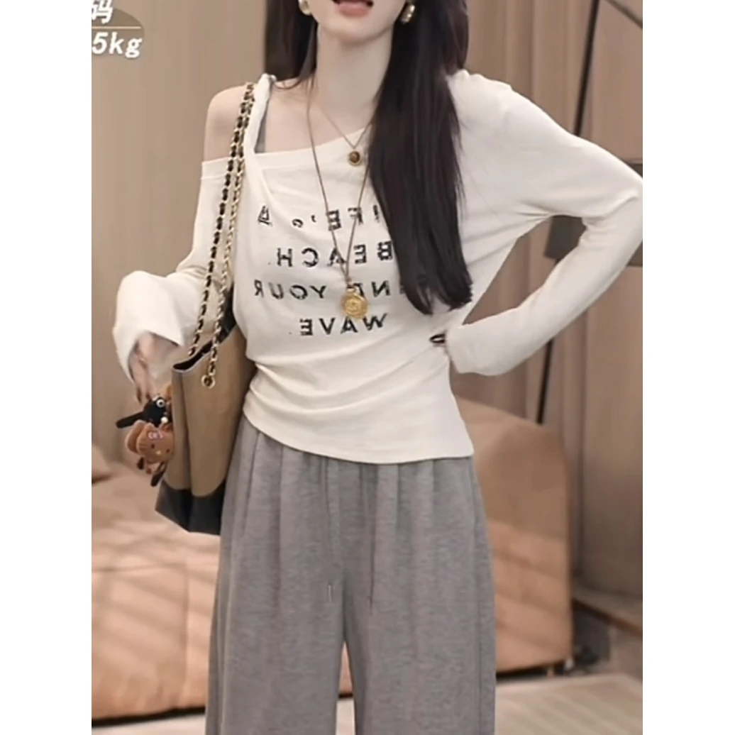 【晓溪服饰】字母通勤短款常规款速干拼接薄款显瘦ins长袖T恤6551