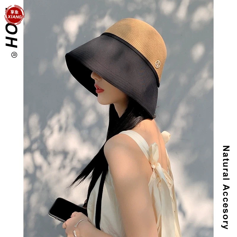 防晒帽子女夏季出游大檐草编水桶帽字母开叉小众时尚百搭遮阳帽潮