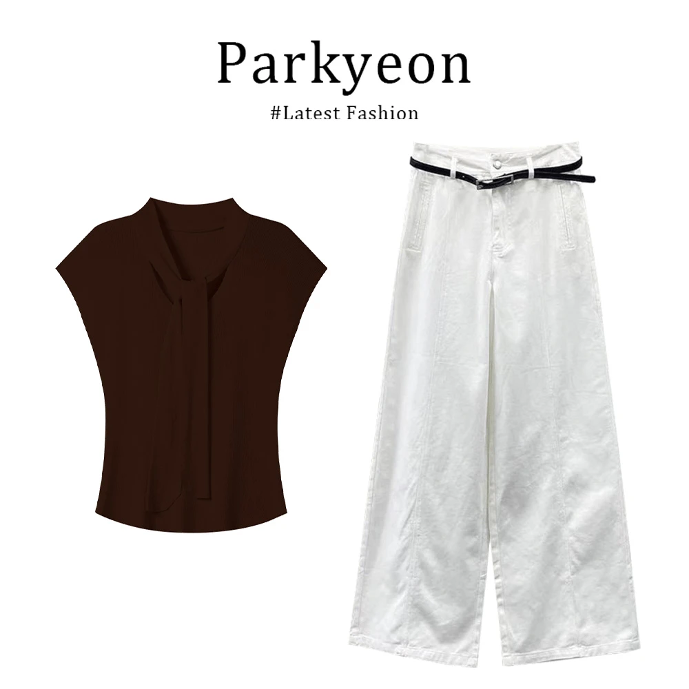 parkyeon复古老钱风海军领披肩显瘦上衣休闲阔腿裤时尚通勤套装夏