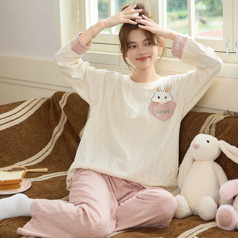 卡通甜美春秋季睡衣女款带胸垫纯棉长袖长裤圆领套头家居服套装