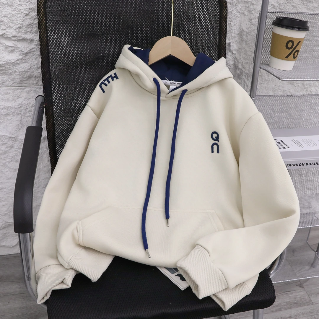 加绒冬季儿童加厚时尚洋气宽松跳色帽衫绣花休闲运动男童