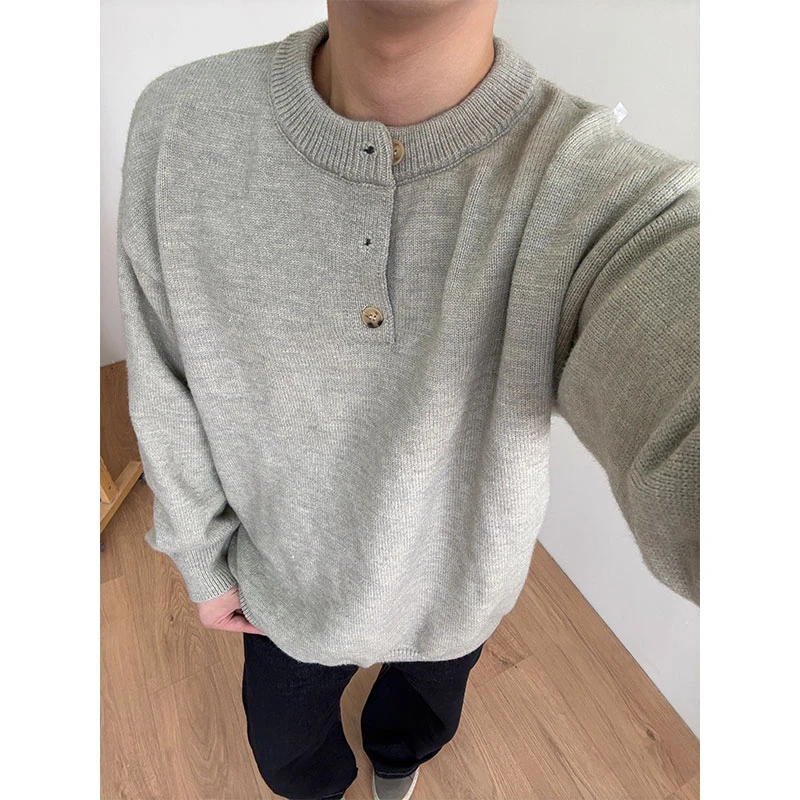 时尚亨利领老钱风宽松针织毛衣休闲百搭纯色简约打底高级感上衣男