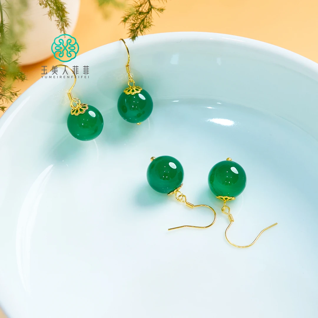 菲菲珠宝好%绿玛瑙圆珠耳钩约12mm*多样性发一