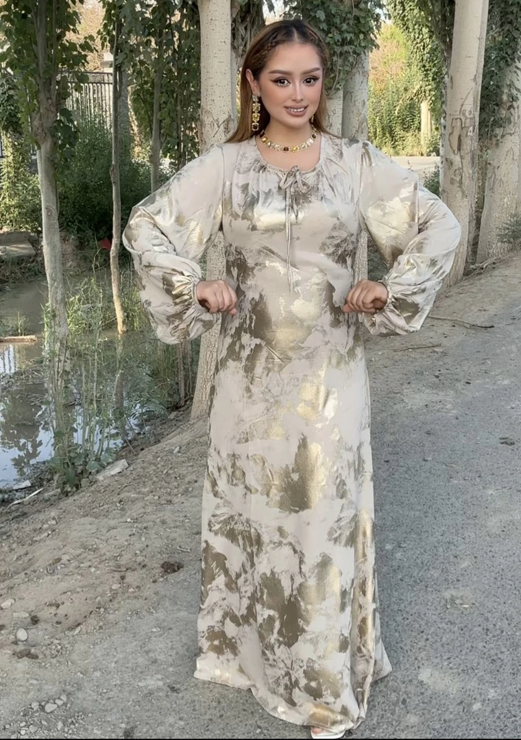 套头喇叭袖长裙H型碎花棉绸印花复古时尚法式连衣裙长款设计感