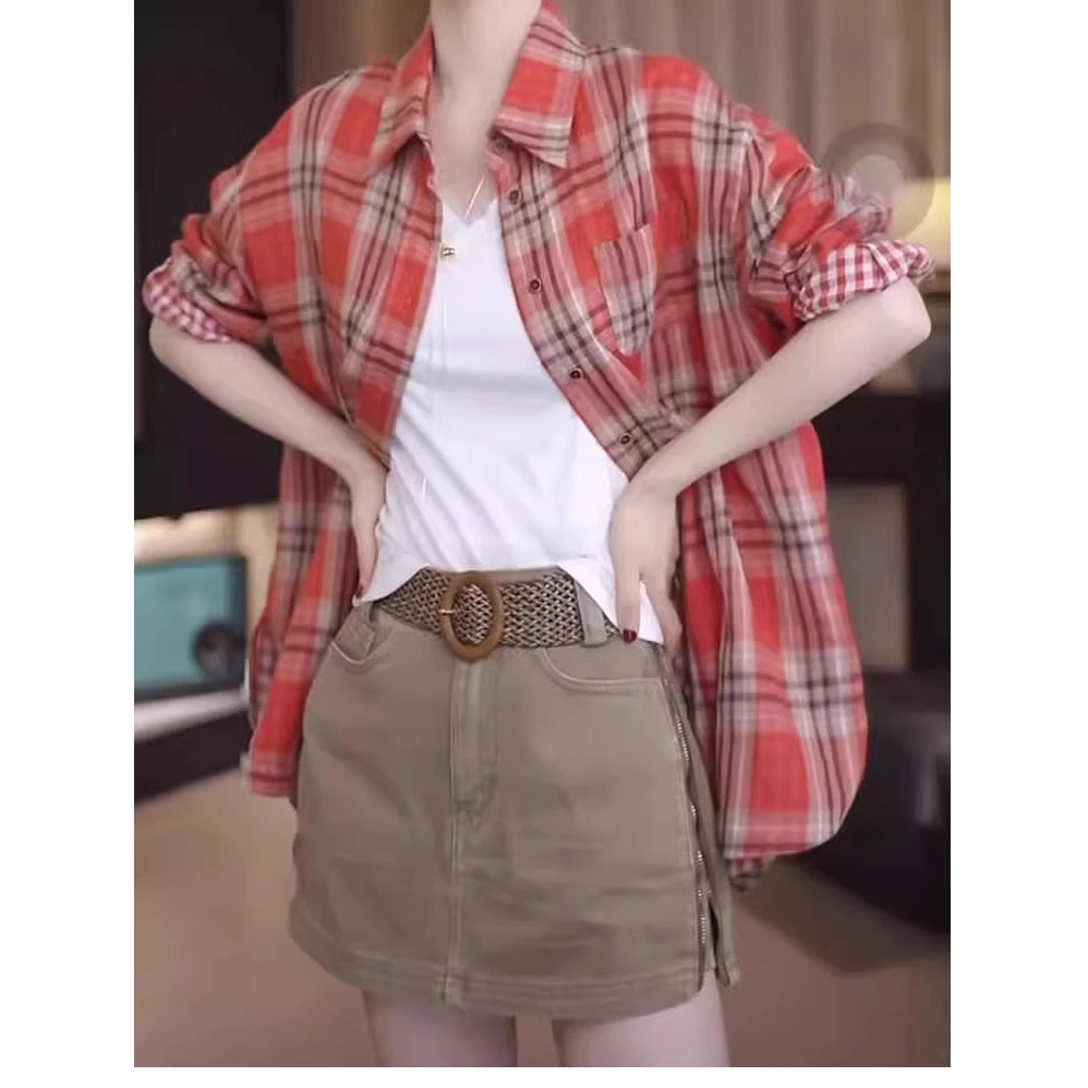 短袖亚麻夏季爆款小衫知性风洋气气质格子长袖衬衫薄衬衣女开衫