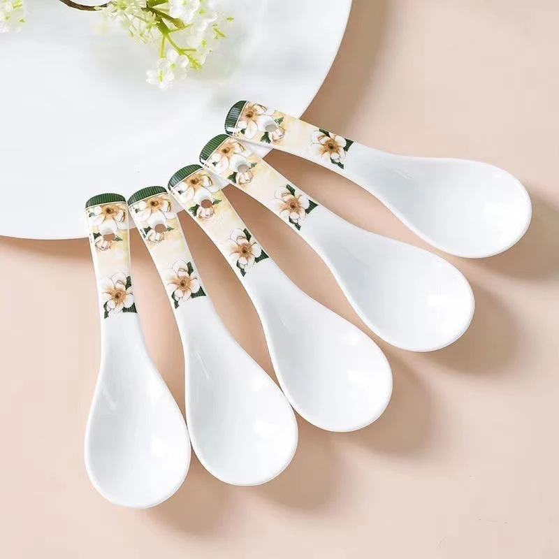 山茶花10汤勺小勺陶瓷汤匙适用家用到手微波炉耐高温微瑕勺子