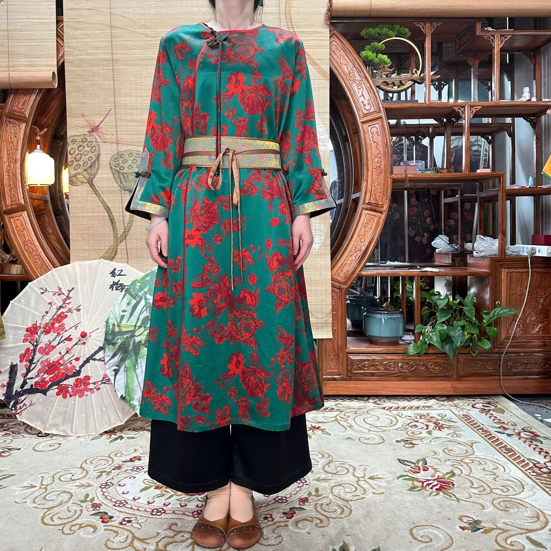 60姆米重缎宋锦牡丹富贵花开香云纱袍子100桑蚕丝斜开襟国风