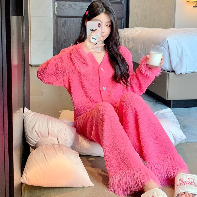 2025新款珊瑚绒睡衣女士秋冬季加绒加厚半边绒可外穿家居服套装