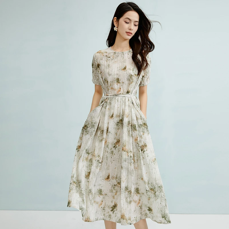 【断码清仓】2025夏裙子印花收腰短袖连衣裙25042301