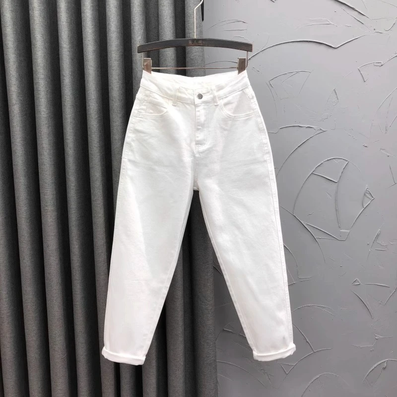韩版白色高腰休闲哈伦牛仔裤女装2025年秋季时尚宽松弹力萝卜垮裤