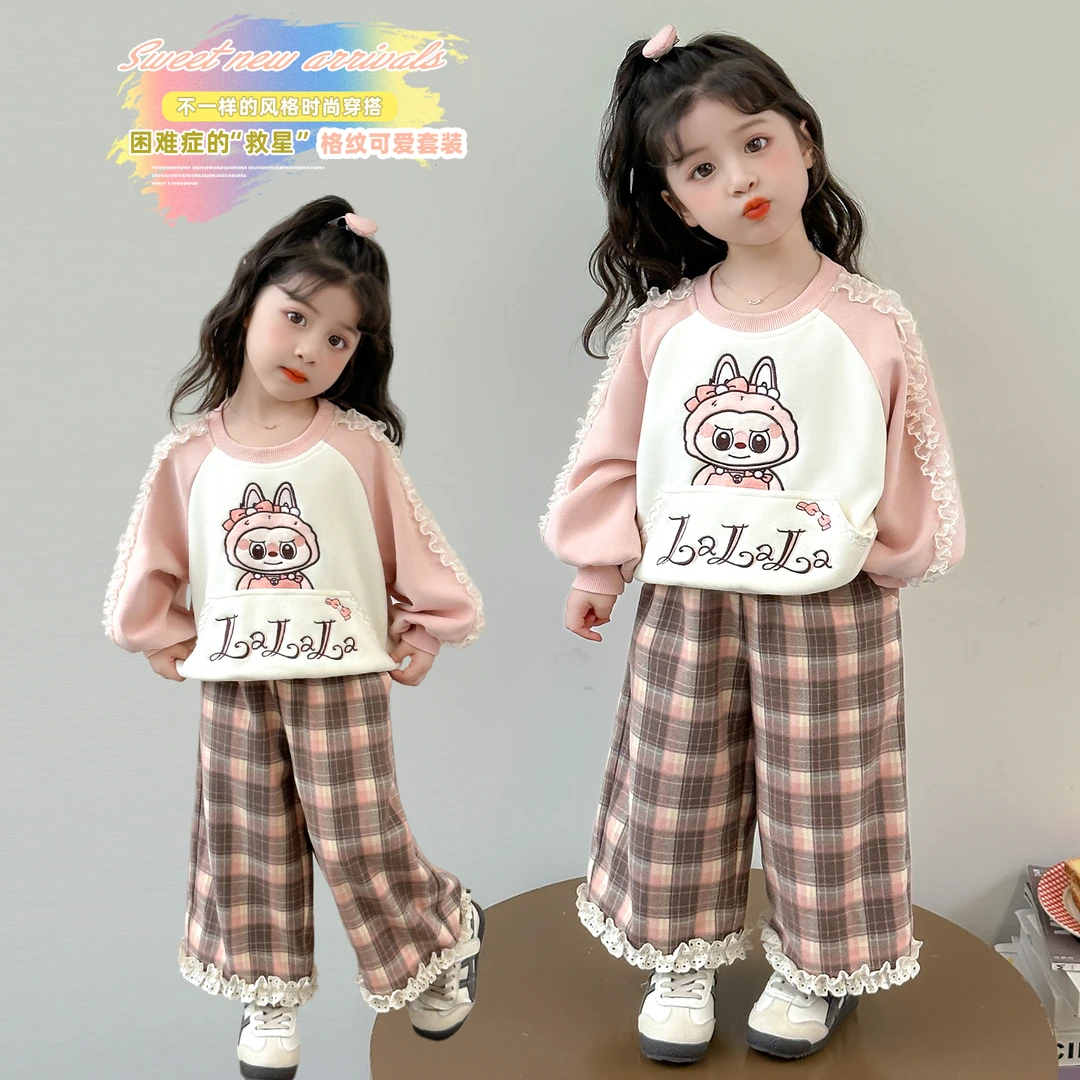 女童套装洋气卡通儿童卫衣直筒格子裤两件套小女孩宝宝春秋装