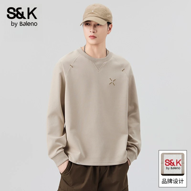 班尼路S&K圆领长袖卫衣T恤男士秋冬季新款宽松百搭刺绣上衣打底衫
