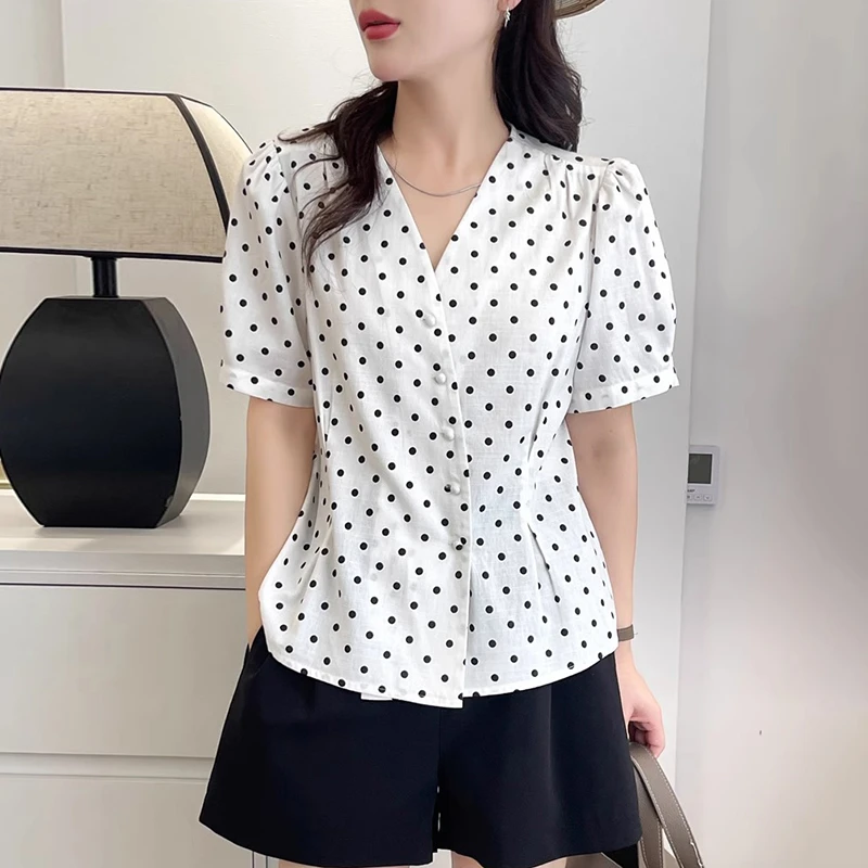 白色v领波点短袖衬衫女士夏季2025新款夏装衬衣女气质百搭上衣夏