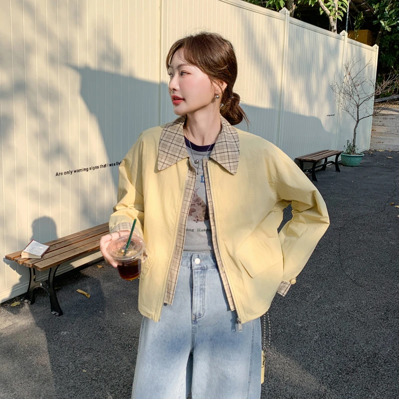 设计感格子拼接短款外套女春秋2025年新款小个子流行休闲夹克上衣