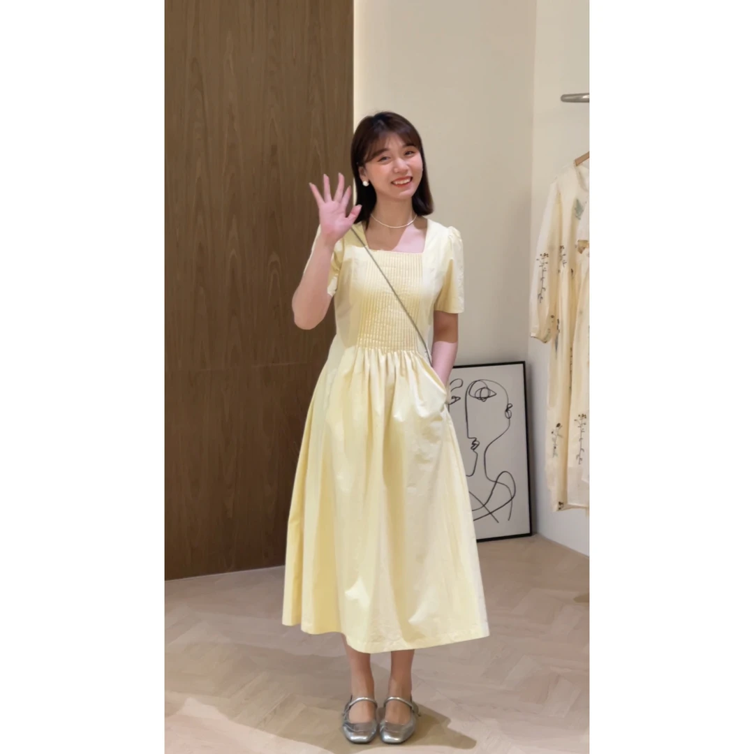 【柠夏】法式方领连衣裙风琴褶