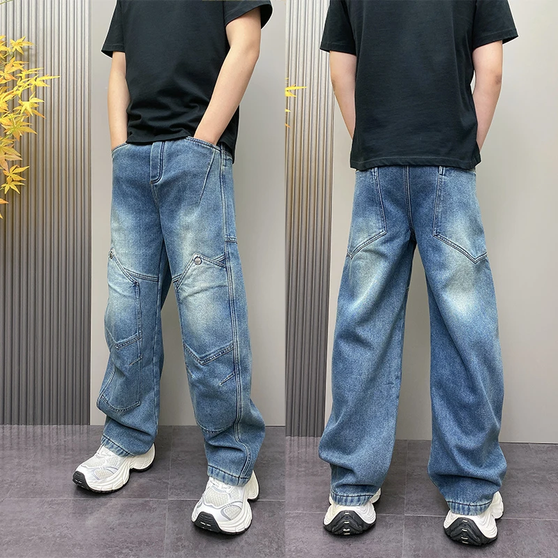 美式痞帅风加绒加厚水洗牛仔裤男2025秋冬新款设计感街头风阔腿裤