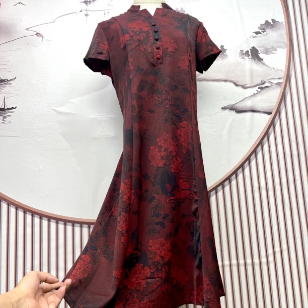 1119国风印花夏季中长款植物花卉ins常规妈妈装连衣裙中老年女装