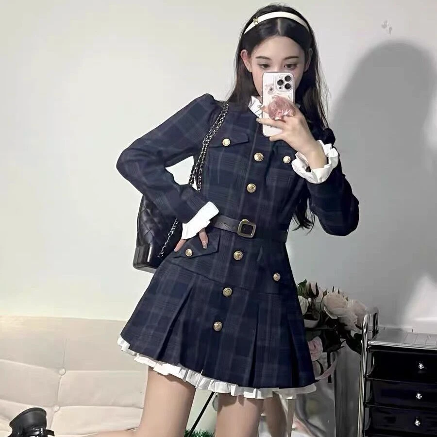新款时尚洋气百搭女装法式高级感奶甜酷小香风裙秋新款拼接连衣裙