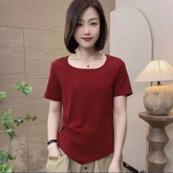 45款夏季新款纯色短袖T恤时尚显瘦百搭简约圆领女士小衫上衣