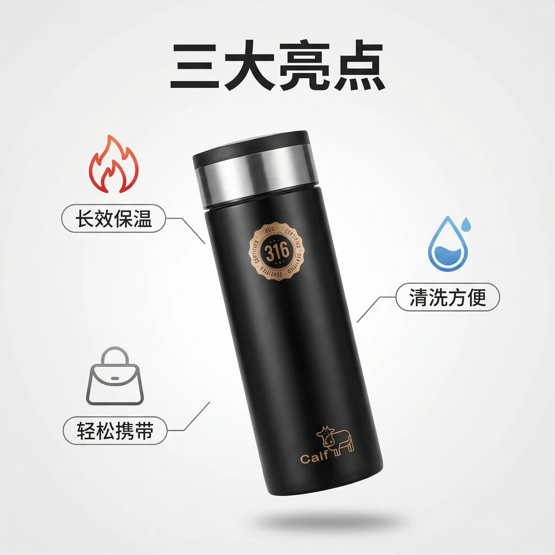 【真316不锈钢】无缝真空保温杯水杯便携家用磨砂黑色