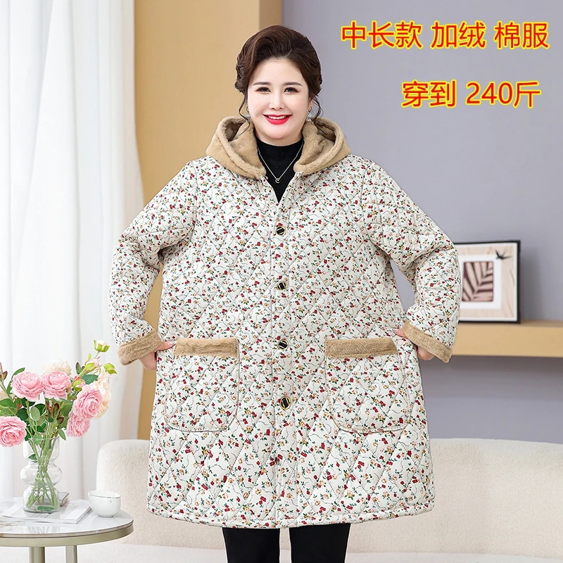 胖mm中老年女装连帽碎花棉服加绒特大码妈妈装冬季奶奶装保暖棉袄