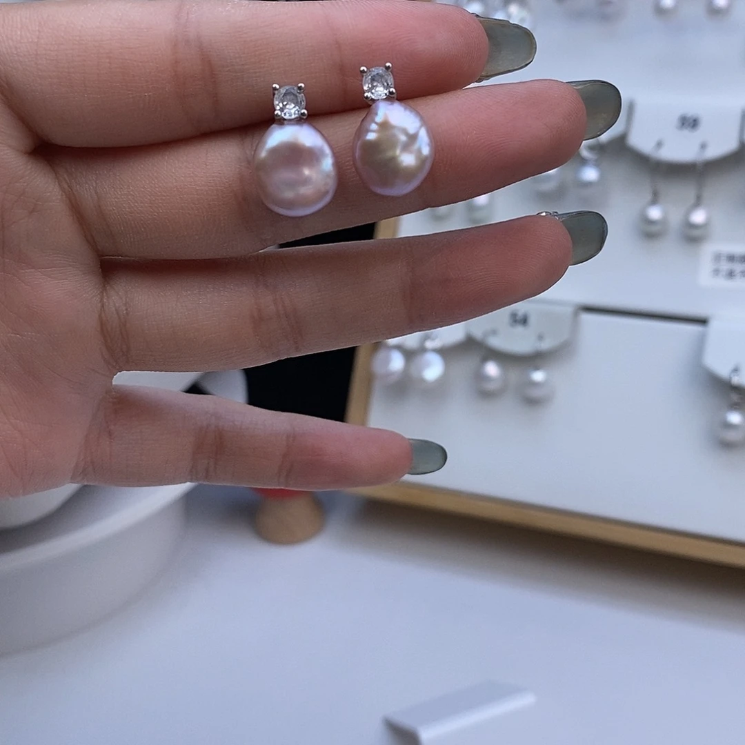 耳饰银S925镶嵌淡水珍珠微瑕