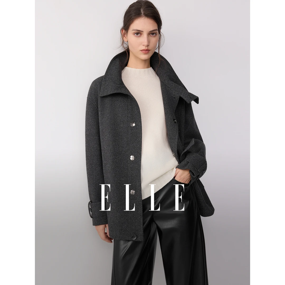 ELLE女装灰色廓形短外套2025冬季新款立领休闲通勤上衣EF52746