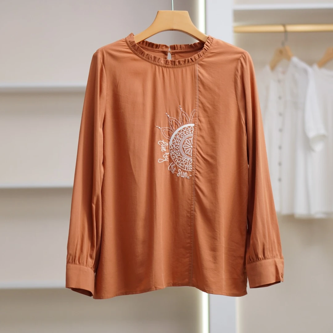 【诗M】Y701  女装时尚春季薄款木耳边绣花上衣桔色 莉推荐