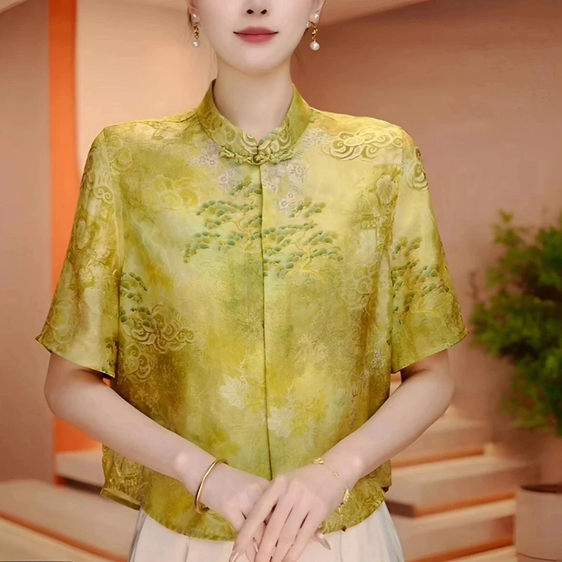 夏季新款提花印染中国风复古新中式网红上衣显瘦白搭遮肉减龄女装