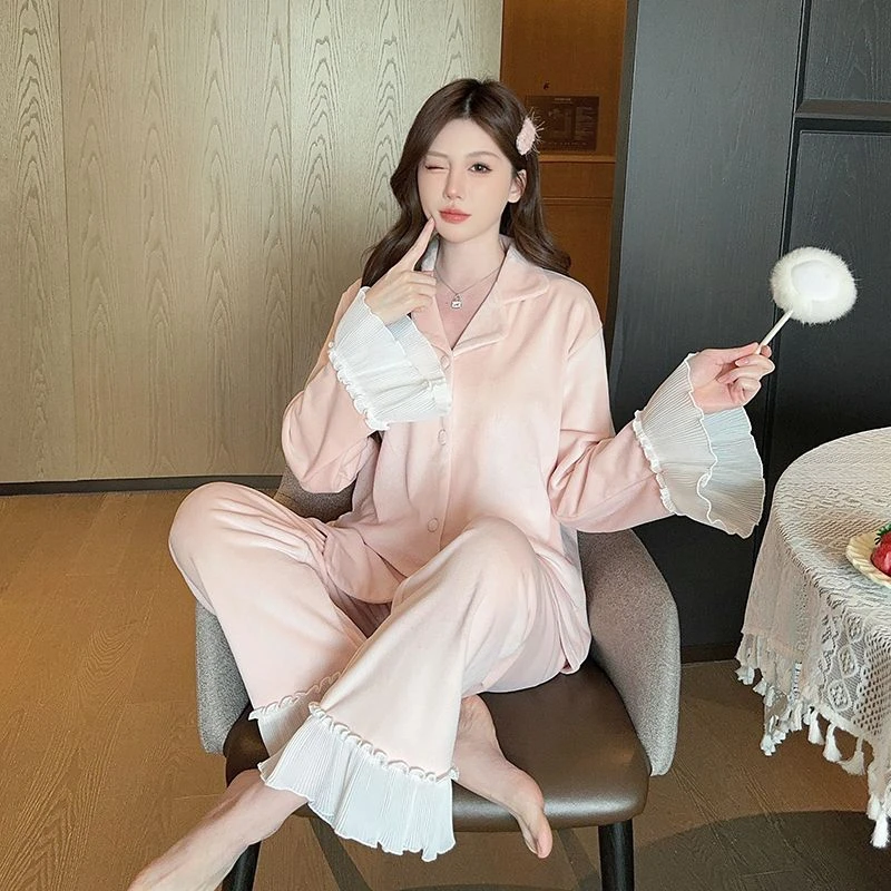 鱼尾褶法式喇叭花德绒睡衣女秋冬款加厚保暖粉色家居服保暖搭子