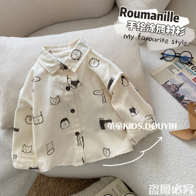 【麦麦妈】C138春季小童手绘涂鸦衬衫春季新品男女宝宝休闲清爽