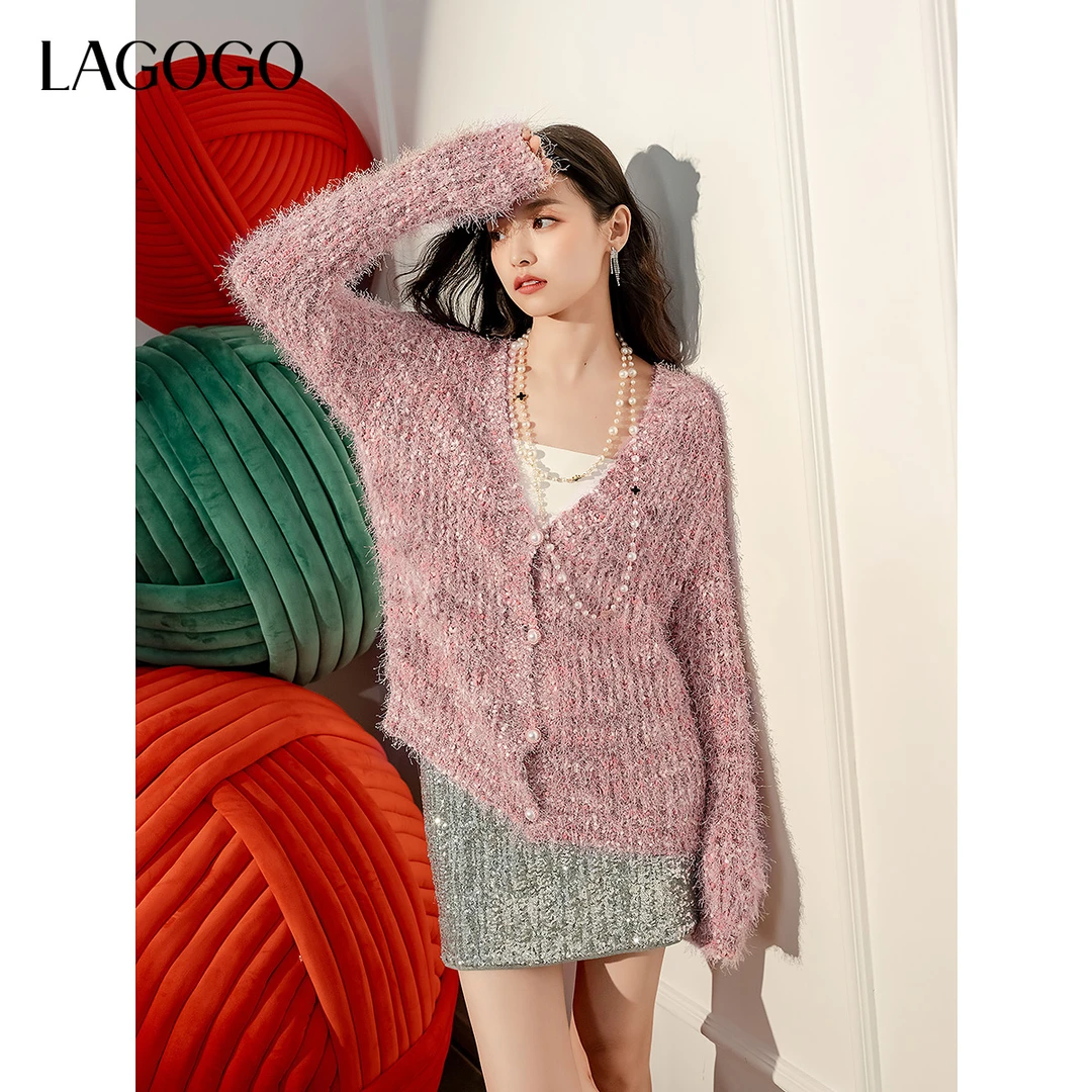 LAGOGO氛围感V领针织开衫女拉谷谷2025春新款上衣OAMM831G04