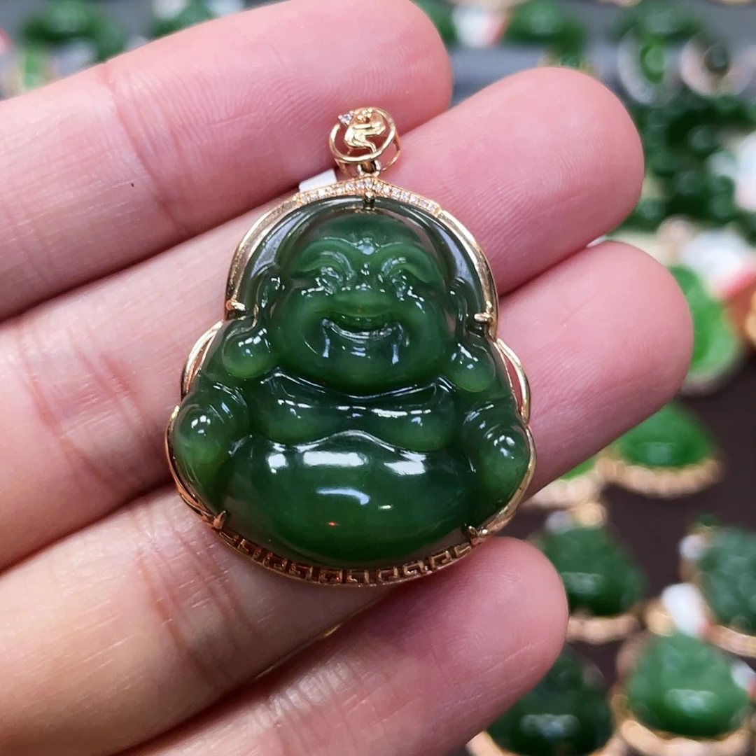和田玉（碧玉）颈饰18K金镶嵌佛公30mm