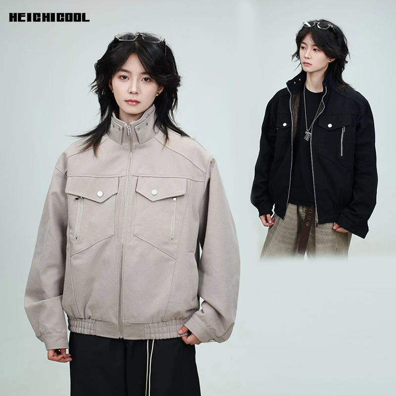 春秋季重磅帆布美式复古廓形cleanfit立领工装夹克男女短款外套