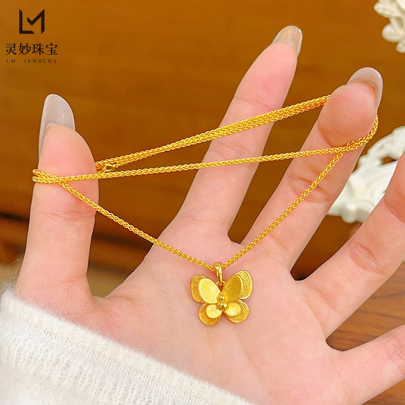 合金同款铜合金花月佳期双层拉丝蝴蝶项链金色葫芦小福蝶吊坠送女