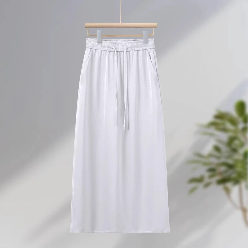 拉夏贝尔高腰休闲中长直筒裙2025夏季薄新款垂感醋酸缎面半身裙女