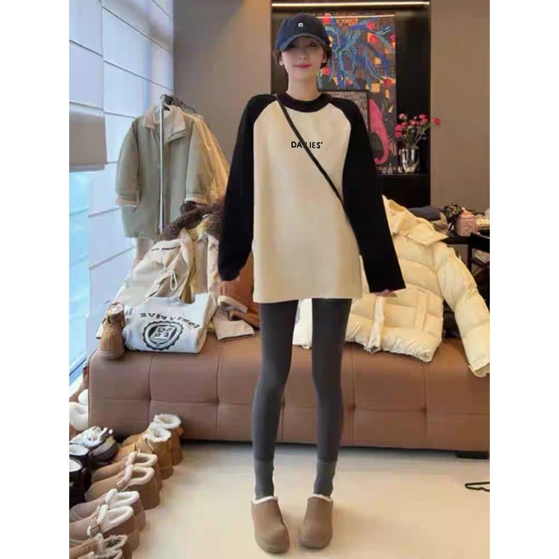德绒磨毛保暖中长款遮屁股插肩拼接撞色长袖t恤女宽松打底衫秋冬