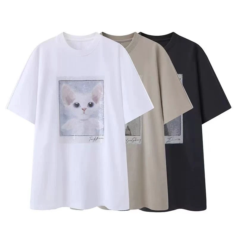 【小猫亮片】中长款T恤宽松卡通猫咪印花亮片设计连衣裙.Y9405