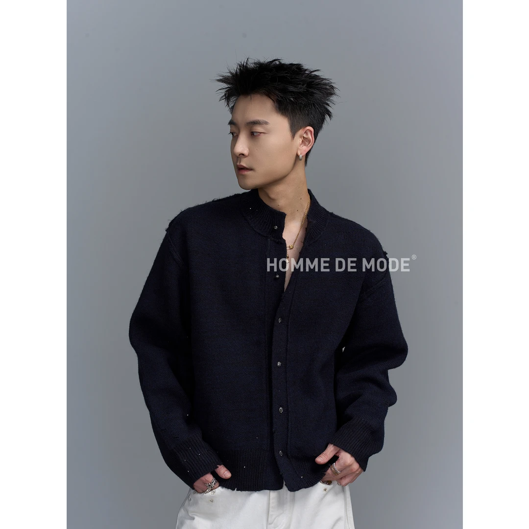 HOMME DE MODE 蓝调基底 手作破洞珠管镶嵌 羊毛混纺微廓毛衣开衫