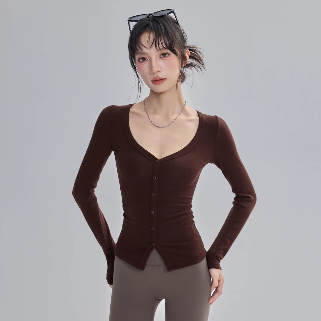 云端贝壳性感V领瑜伽服长袖女修身显瘦运动上衣流光风跑步健身服